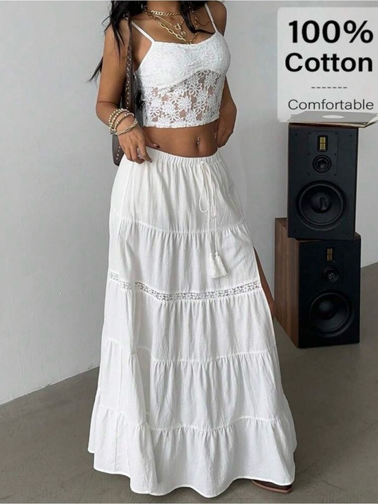 Dresses & Skirts - Women's White Tiered Cotton Maxi Skirt